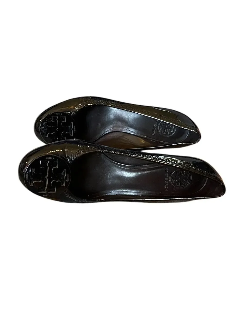 Tory Burch Chelsea Black Patent Leather Block Heels Women's Shoes W/Medallion  7